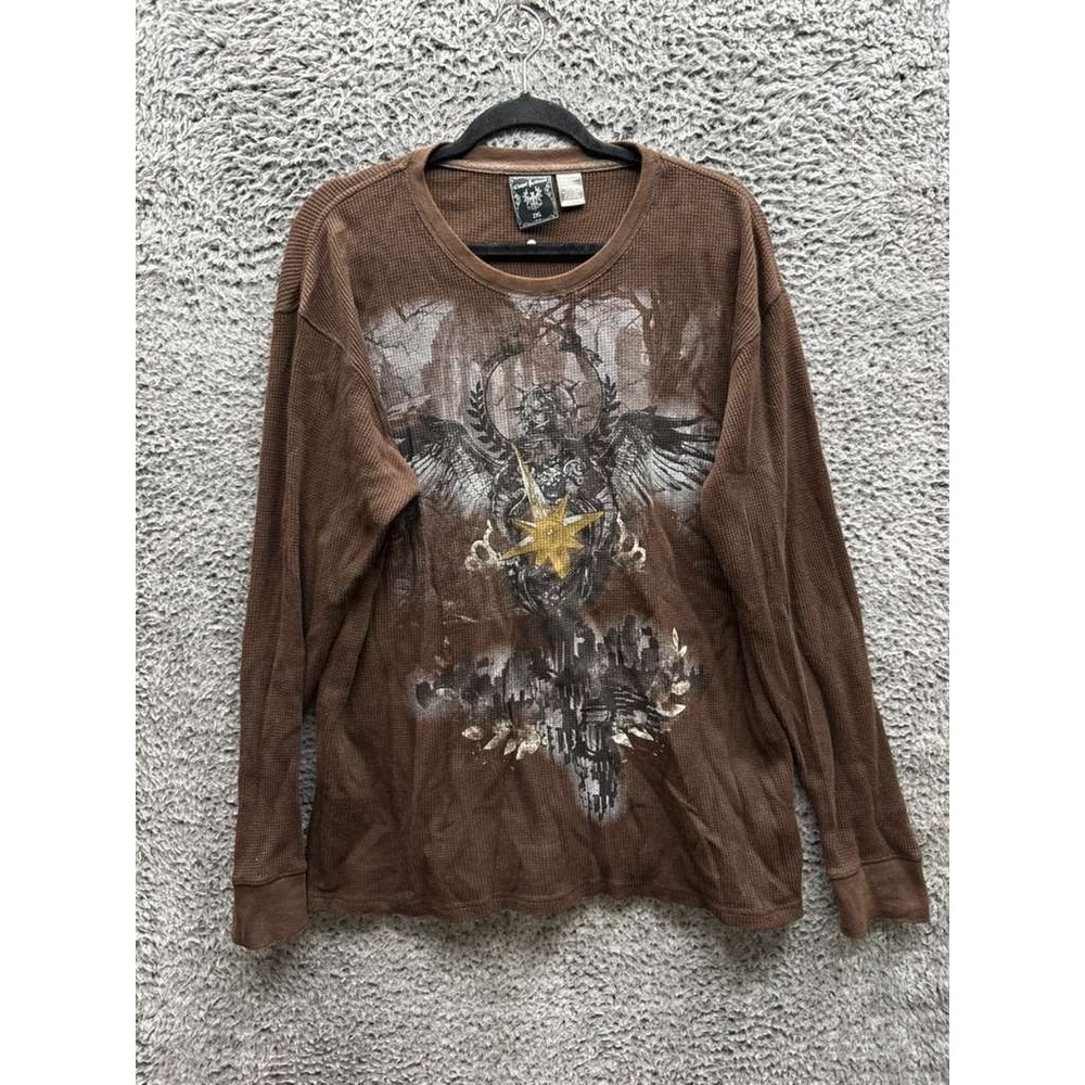 Y2k Chapel & Greed Waffle-Knit Graphic Long Sleeve Shirt Brown Mens‎ Size 2XL